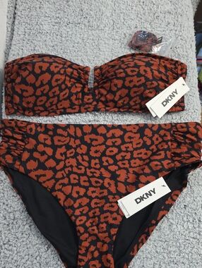 DKNY Rust and Black Leopard Print Bandeau Bikini Set